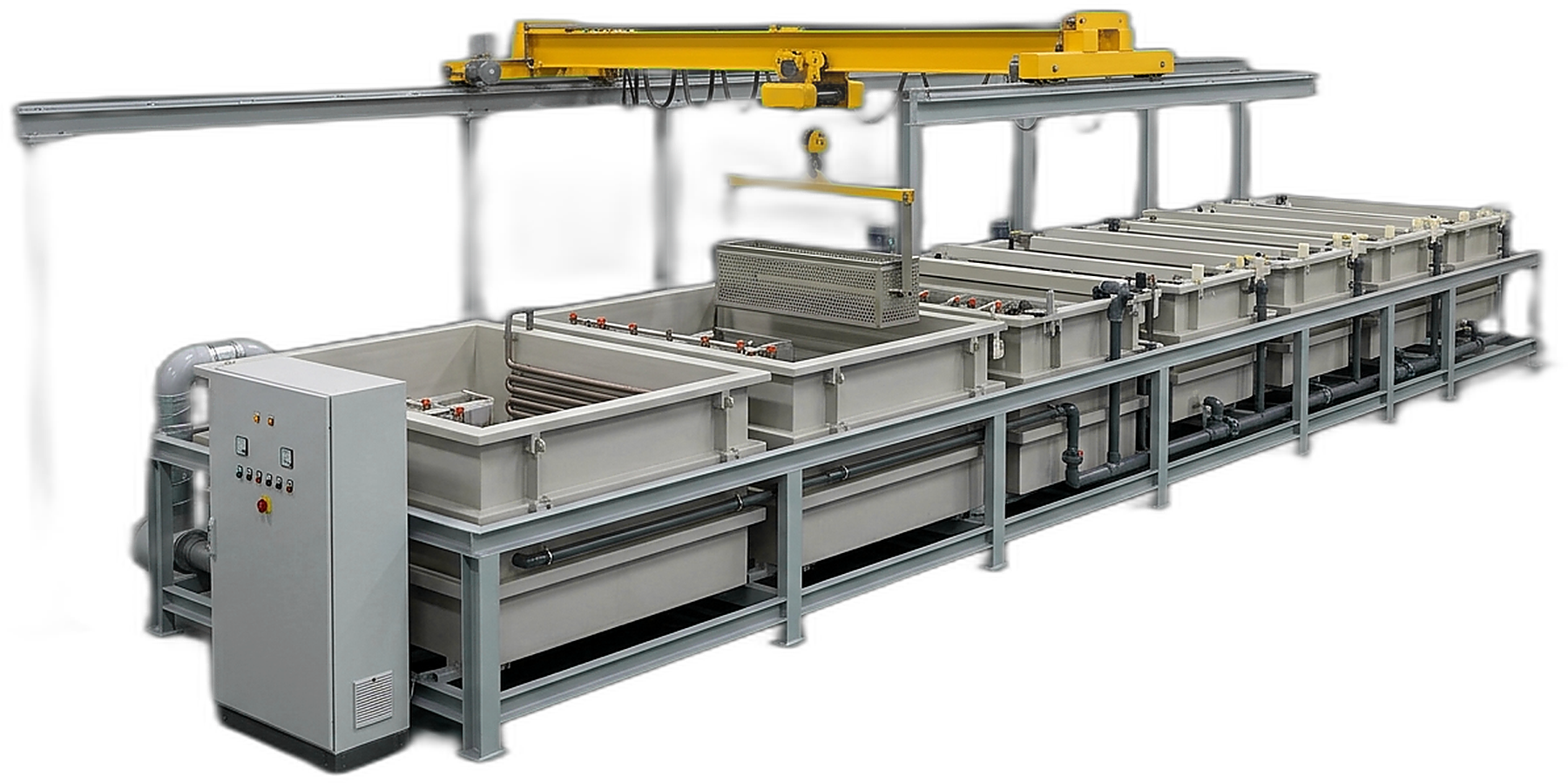 Turnkey automated electroplating line: multi-station polypropylene tanks, overhead gantry hoist transporter and PLC control cabinet