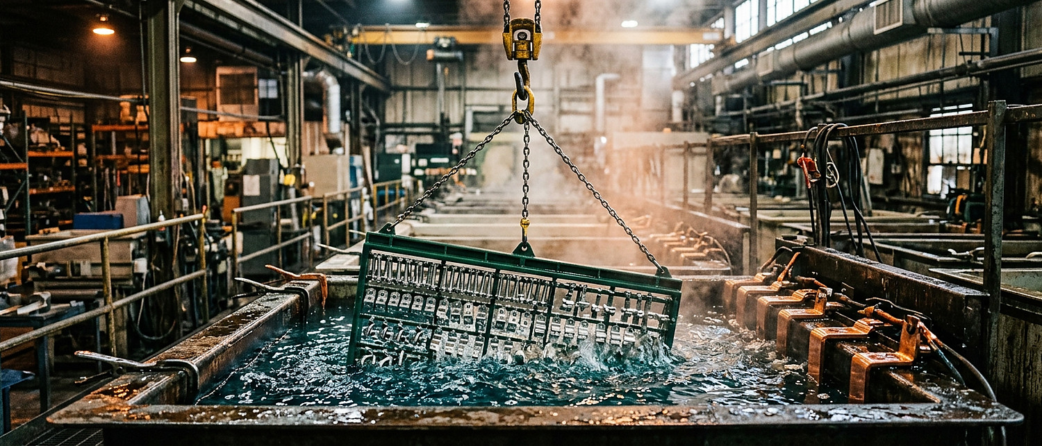 Loaded plating rack being lowered into a working plating bath