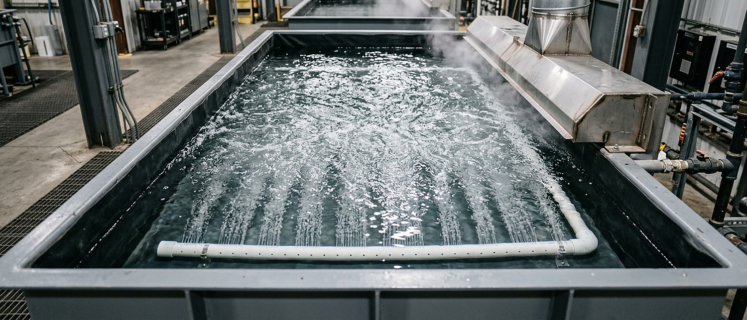 Air sparge header bubbling along the bottom of a plating tank with lip exhaust along the rim