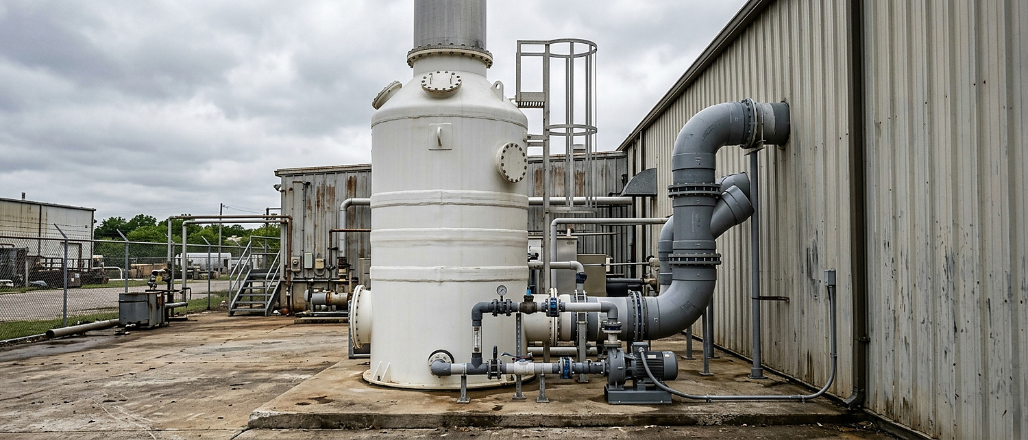 Packed-bed polypropylene fume scrubber with ducting on the roof of a metal finishing plant