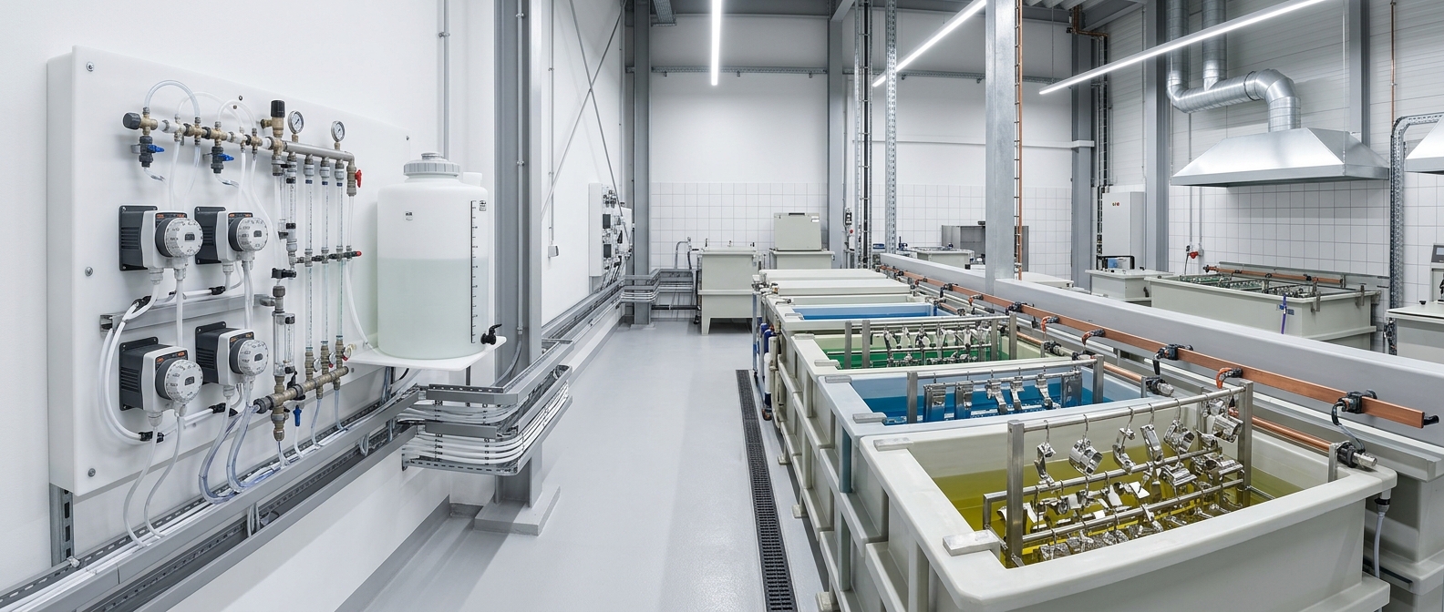 Chemical dosing station with metering pumps, day tank and controller beside a plating tank