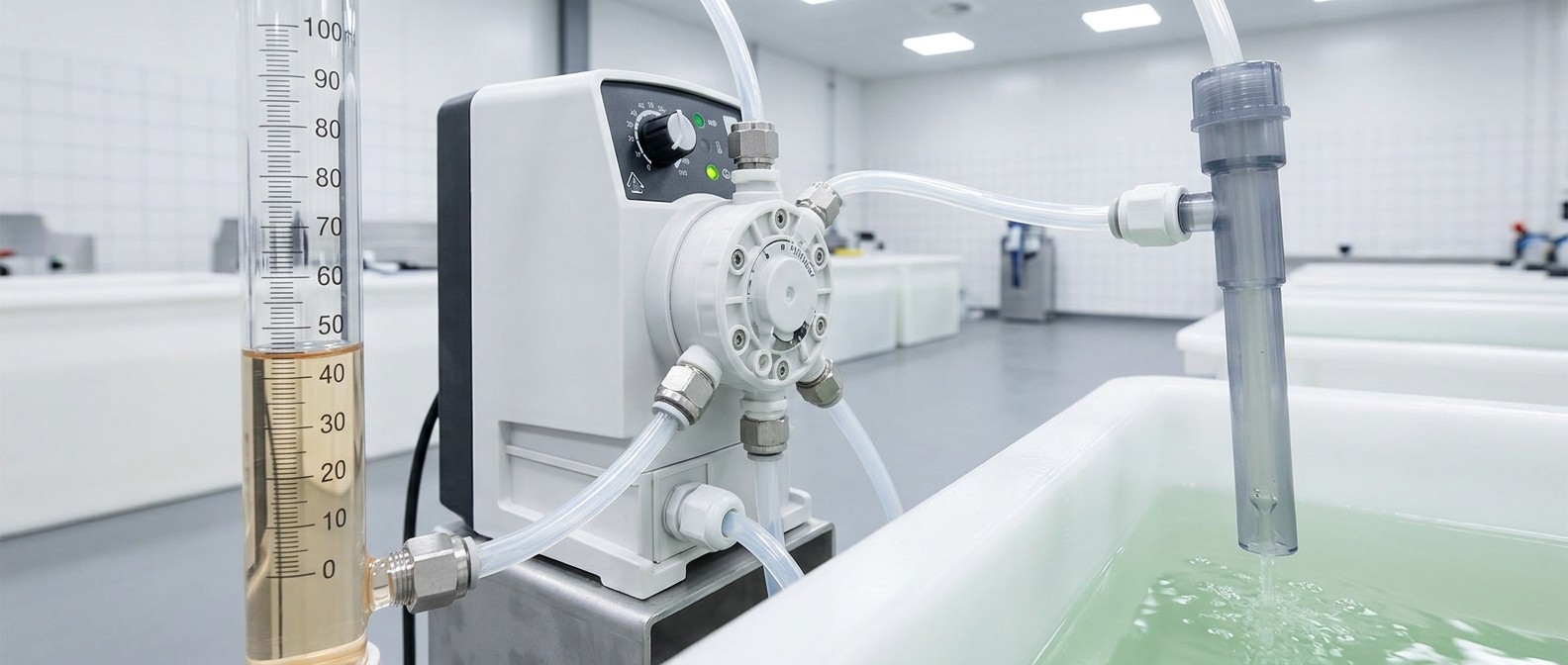Close-up of metering pump with calibration column and injection quill dosing into a plating bath