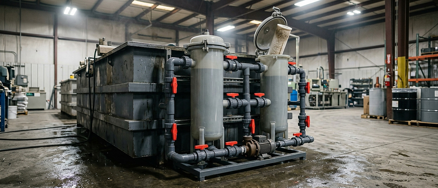 Polypropylene chamber filter unit with pump, gauges and valves beside a plating tank
