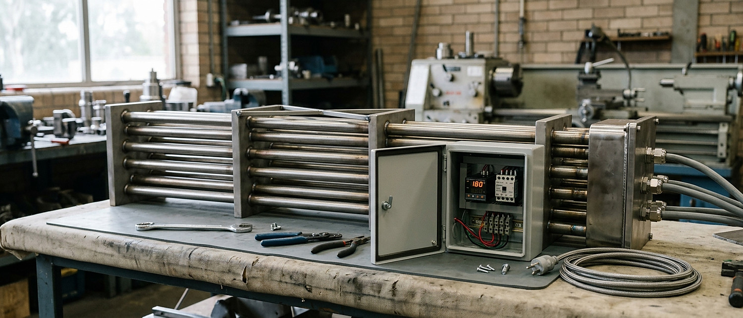 Titanium coil immersion heater installed over the side of a plating tank with control box
