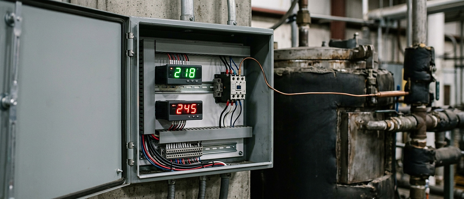 Digital PID temperature controller panel with over-temperature protection for a heated process tank