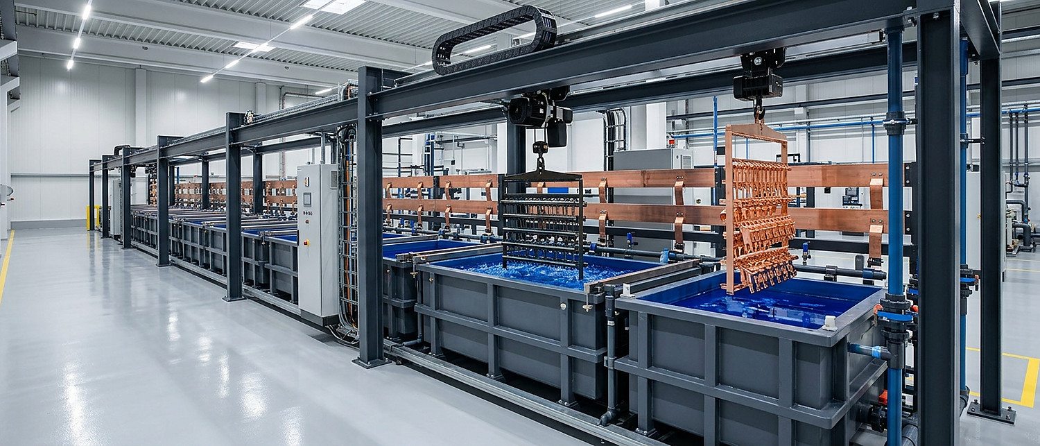 Automated copper electroplating line with deep blue copper sulfate tanks and an overhead hoist
