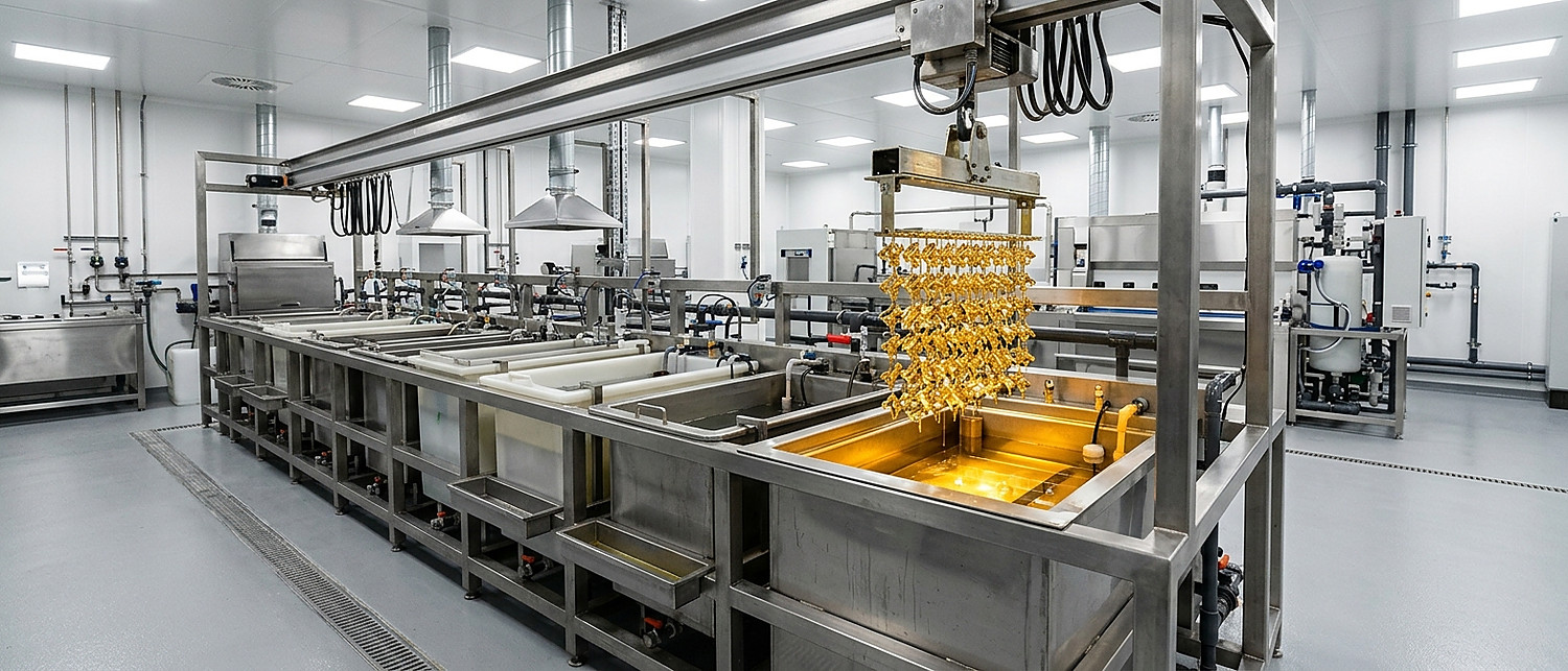 Compact automated gold electroplating line with gold plating solution and racked connector parts