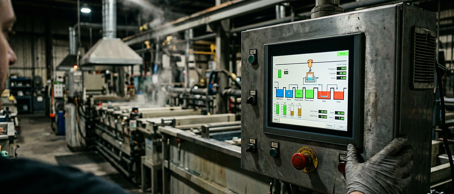 Touchscreen HMI showing the plating line schematic with tank status and hoist position