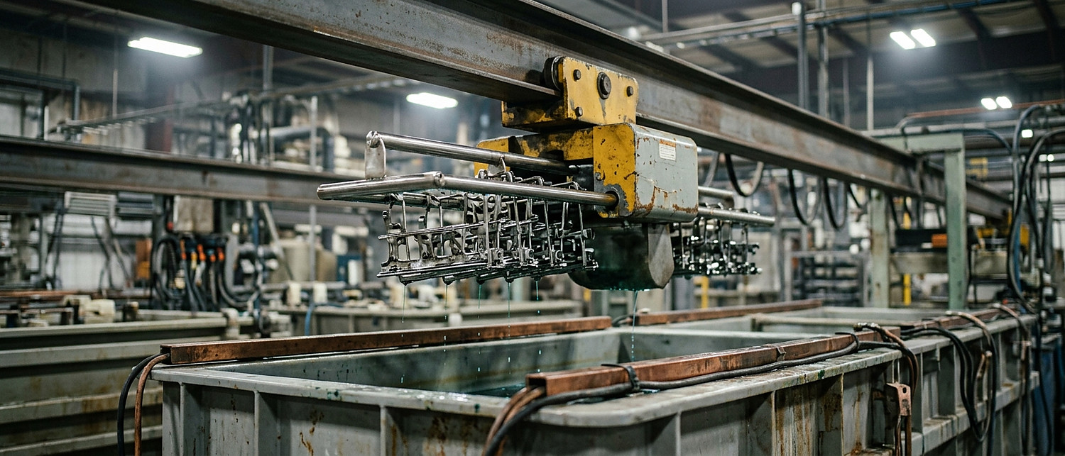 Automated plating line hoist carrying a loaded flight bar between process tanks