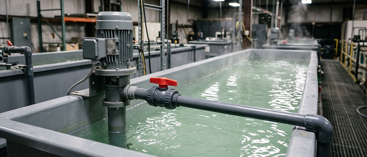 Vertical seal-less chemical pump mounted on a plating tank with discharge piping