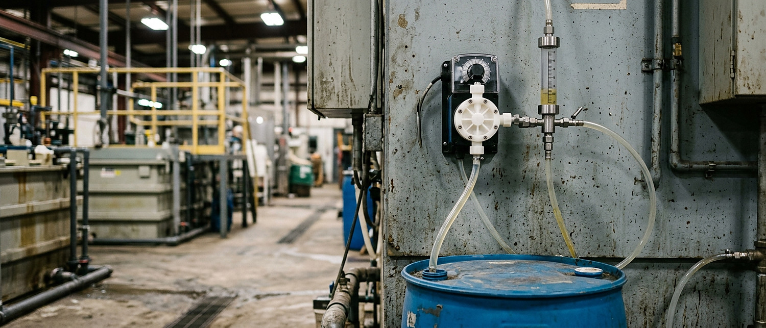 Solenoid metering pump dosing brightener from a chemical drum with injection quill and tubing