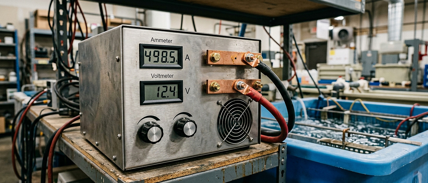 Bank of industrial plating rectifiers with digital displays and bus bar connections