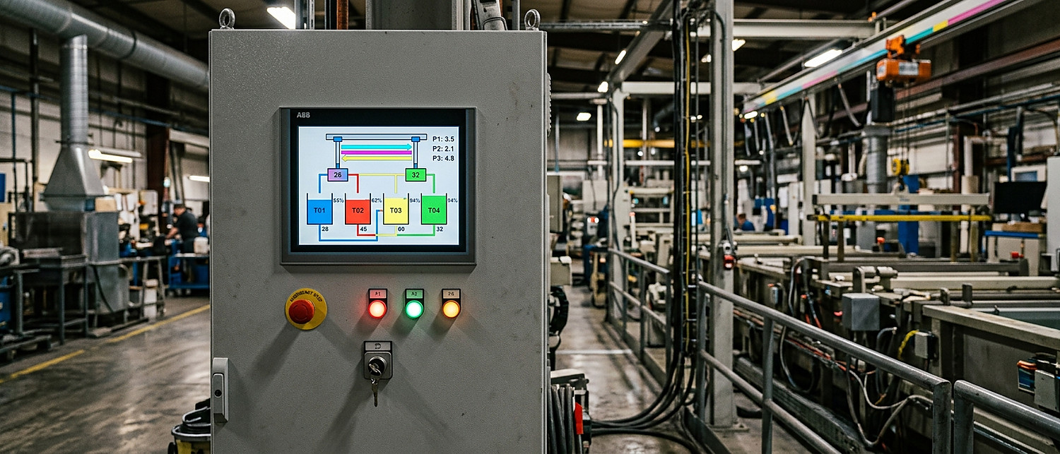 PLC control cabinet with touchscreen HMI running an automated plating line
