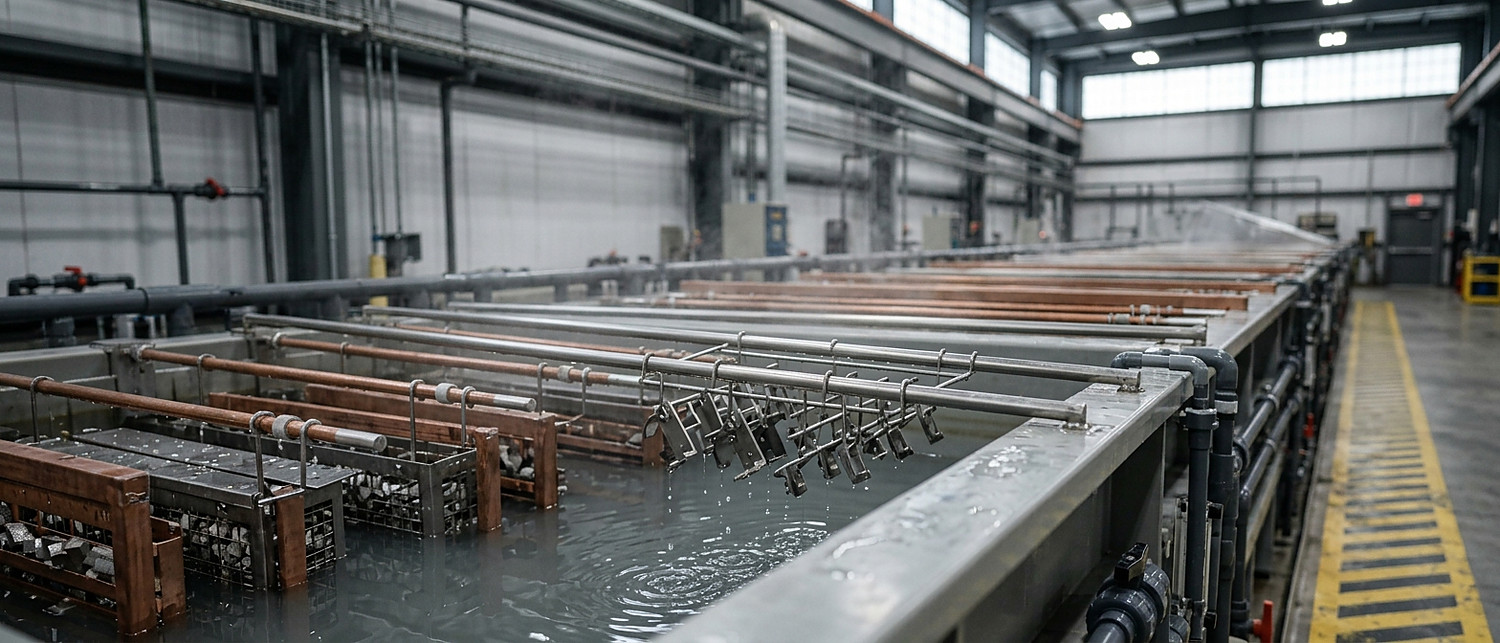 Row of polypropylene plating tanks with anode bars and flight bars in a finishing shop