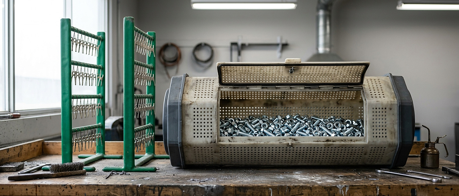 Plating barrel and coated racks loaded with small steel parts beside a process tank